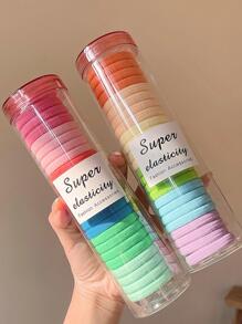 48个装女士黑色和深棕色简约风格发圈和弹力发绳，收纳于罐中，时尚优雅，适合日常佩戴、发型设计、化妆、服装搭配和休闲装饰；粉色配饰马尾辫发圈、发绳、橡皮筋发圈、发圈、发饰、弹力发带 - 彩色 - 查看 3