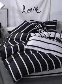 黑色和白色條紋圖案被套&枕套套裝,3入組(棉被) - 黑與白 - 查看 4