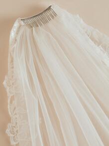 Wedding Bridal Veil With Comb 2 Tiers Lace Applique Edge Veil - Beige - View 2