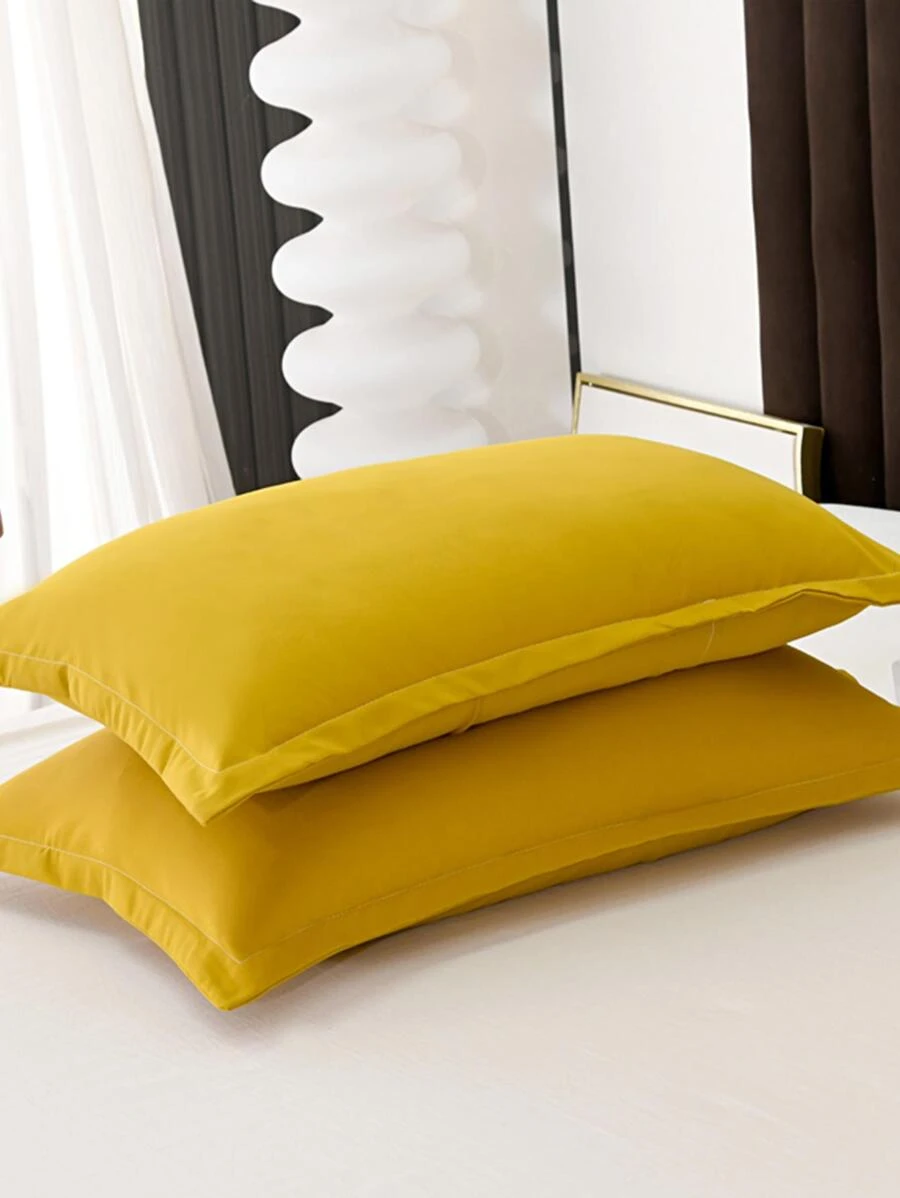 2 Vỏ gối màu trơn thân thiện với da (Không bao gồm lõi gối), có thể giặt bằng máy - Màu vàng - Xem 1