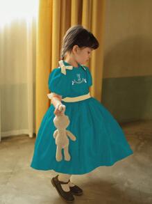 小女童字母圖案拼接領泡泡袖連衣裙 - 水鴨藍 - 查看 2