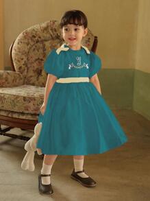 小女童字母圖案拼接領泡泡袖連衣裙 - 水鴨藍 - 查看 4