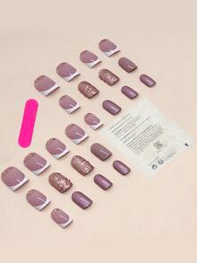 Upgrade Your Look With 24pcs Short Square Glitter Full Cover Fake Nail Kit - Multicolor - View 2