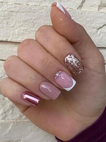 Upgrade Your Look With 24pcs Short Square Glitter Full Cover Fake Nail Kit - Multicolor - View 1