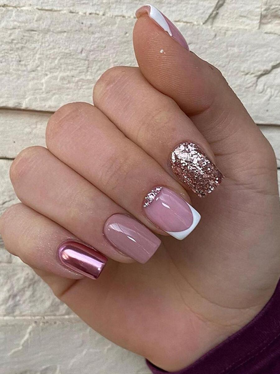 Upgrade Your Look With 24pcs Short Square Glitter Full Cover Fake Nail Kit - Multicolor - View 1