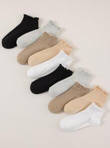 10對女性素色木耳邊休閒短襪適用於日常生活 - 彩色 - 查看 2