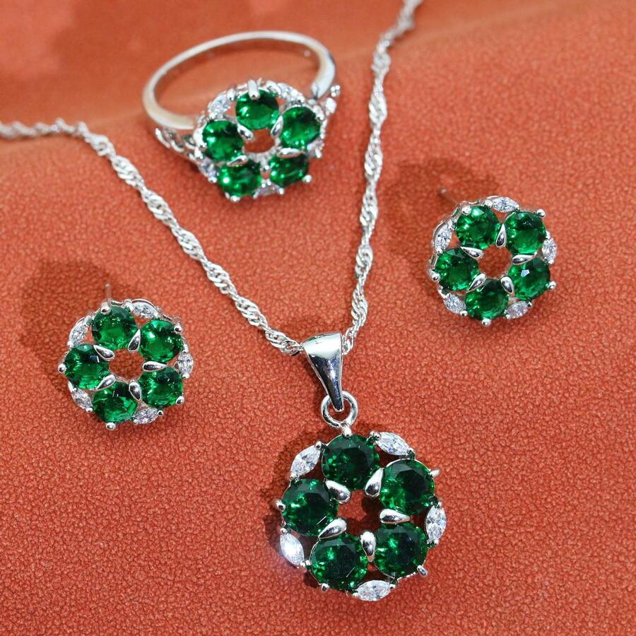 4入組/套精美立方氧化鋯鑲嵌花環,項鍊婚禮珠寶套裝