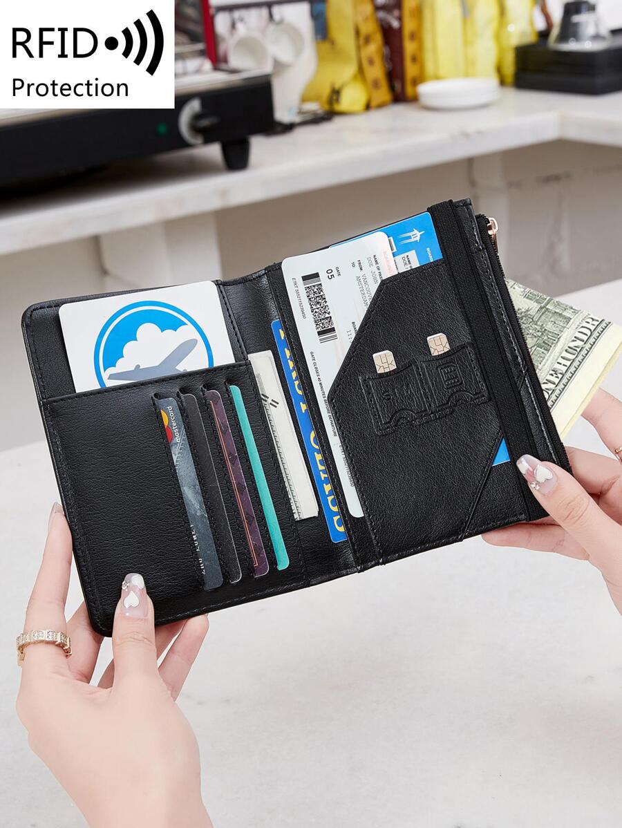 Miyin 時尚簡約字母和飛機圖案 Rfid 屏蔽護照夾 PU 皮革多功能旅行皮夾，適合男士、女士和學生，非常適合旅行、商務旅行和度假