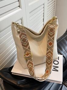 复古宽肩带大容量斜挎包 - 米色 - 查看 4