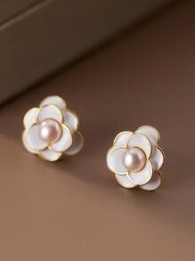 1 cặp bông tai đính ngọc trai giả trang trí hình hoa - Vàng - Xem 3