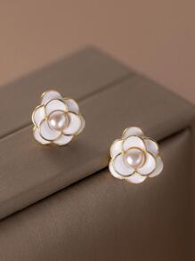1 cặp bông tai đính ngọc trai giả trang trí hình hoa - Vàng - Xem 4