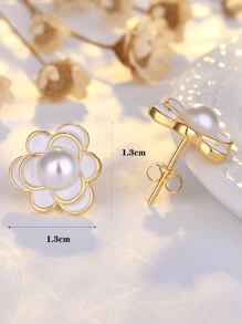 1 cặp bông tai đính ngọc trai giả trang trí hình hoa - Vàng - Xem 5