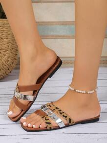 Ladies' Leopard Print Fashion Flat Sandals - Brown - View 1