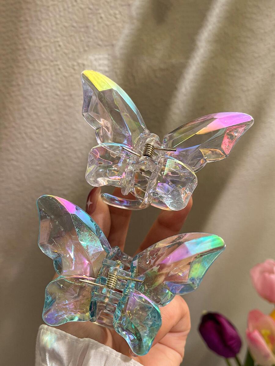 2 件女式仙女风格蓝白渐变激光蝴蝶形大号轻质塑料发爪夹，时尚百搭，优雅感十足，适合日常佩戴、户外休闲、派对、通勤、度假、洗脸、淋浴、化妆，可作为发饰佩戴或与其他配饰搭配使用街头蝴蝶结发夹发夹发夹接发夹，优雅，学校用品，大学 - 彩色 - 查看 1