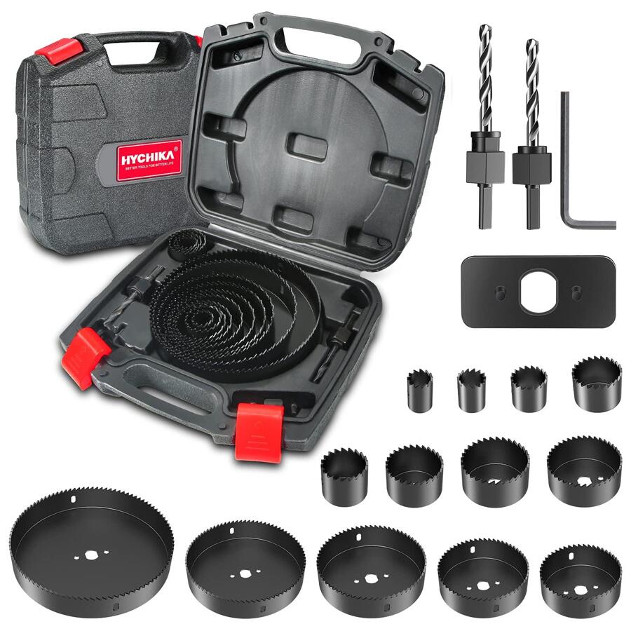 Hole Saw Set HYCHIKA 19 Pcs Hole Saw Kit With 13Pcs Saw Blades, 2 Mandrels, 2 Drill Bits, 1 Installation Plate, 1 Hex Key, Max Size 6" And Min Size 3/4", Ideal For Soft Wood, Plywood, Drywall, PVC - Black - View 1