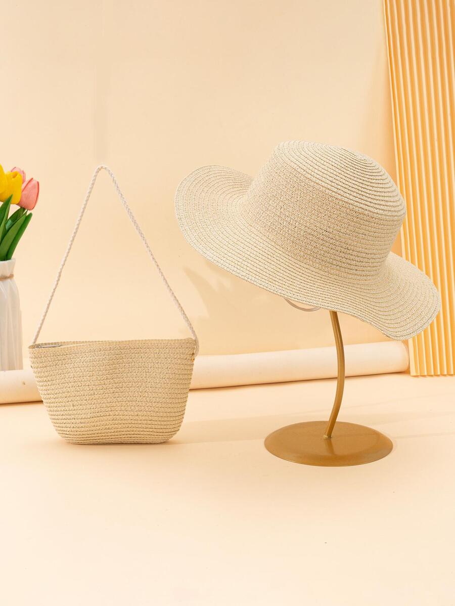 minimalista Sombrero de paja con Bolsa de mimbre - Beis - Ver 1