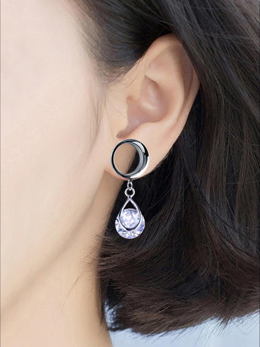 A時髦透明方晶鋯石水滴吊墜耳機合適適合女士日常穿著 - 銀色 - 查看 1