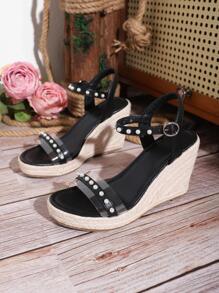 Ladies' Black Vacation Style Pearl Decoration Wedge Sandals - Black - View 5