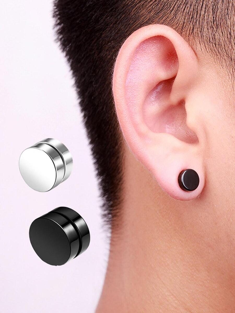 2Pcs Punk Stainless Steel Men Magnet Ear Clip Stud Set Non Piercing Earrings Jewelry Gift - 2 Pack Black & Silver Ear Clips - View 1