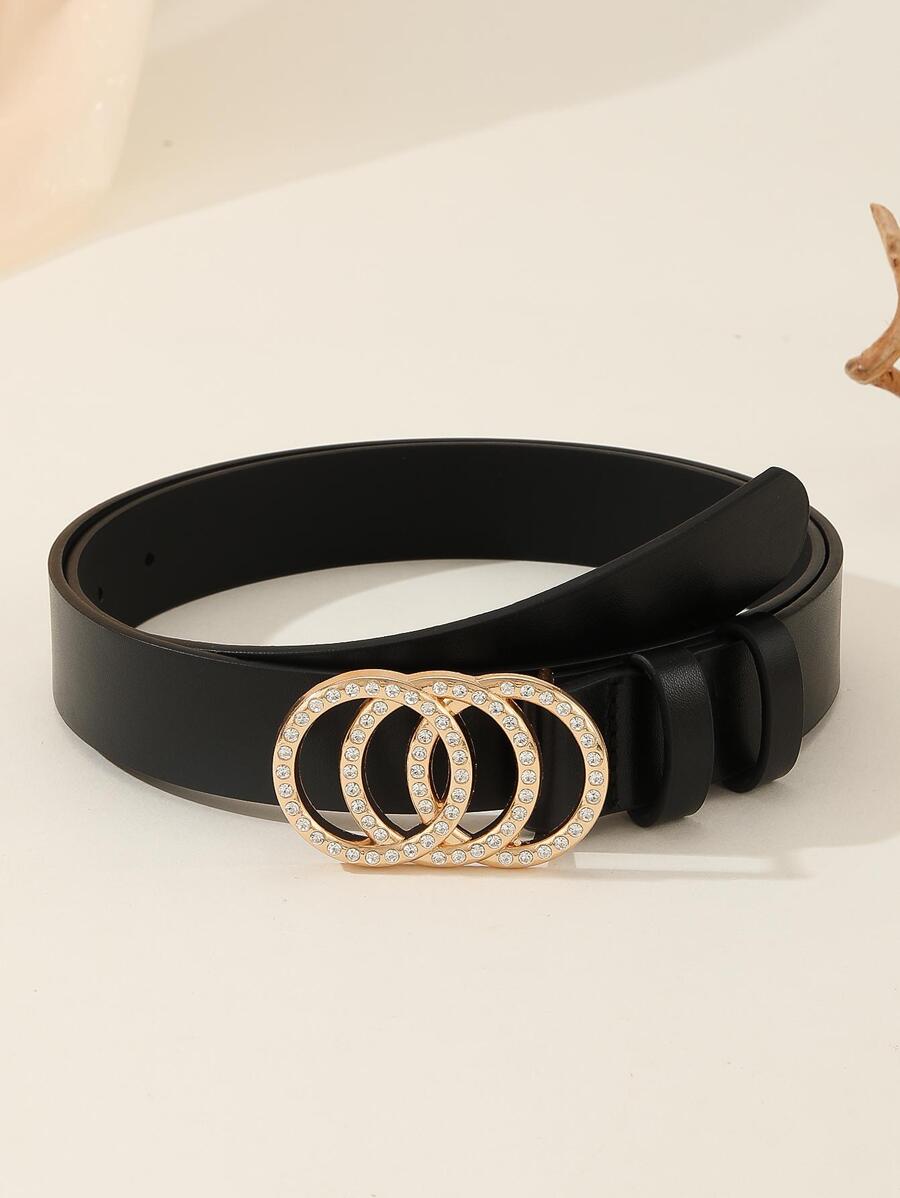 1 chiếc thắt lưng nữ trang trí đá quý 3 vòng tròn bằng vàng, đa năng, thích hợp sử dụng hàng ngày, chất liệu da PU - màu đen - Xem 1