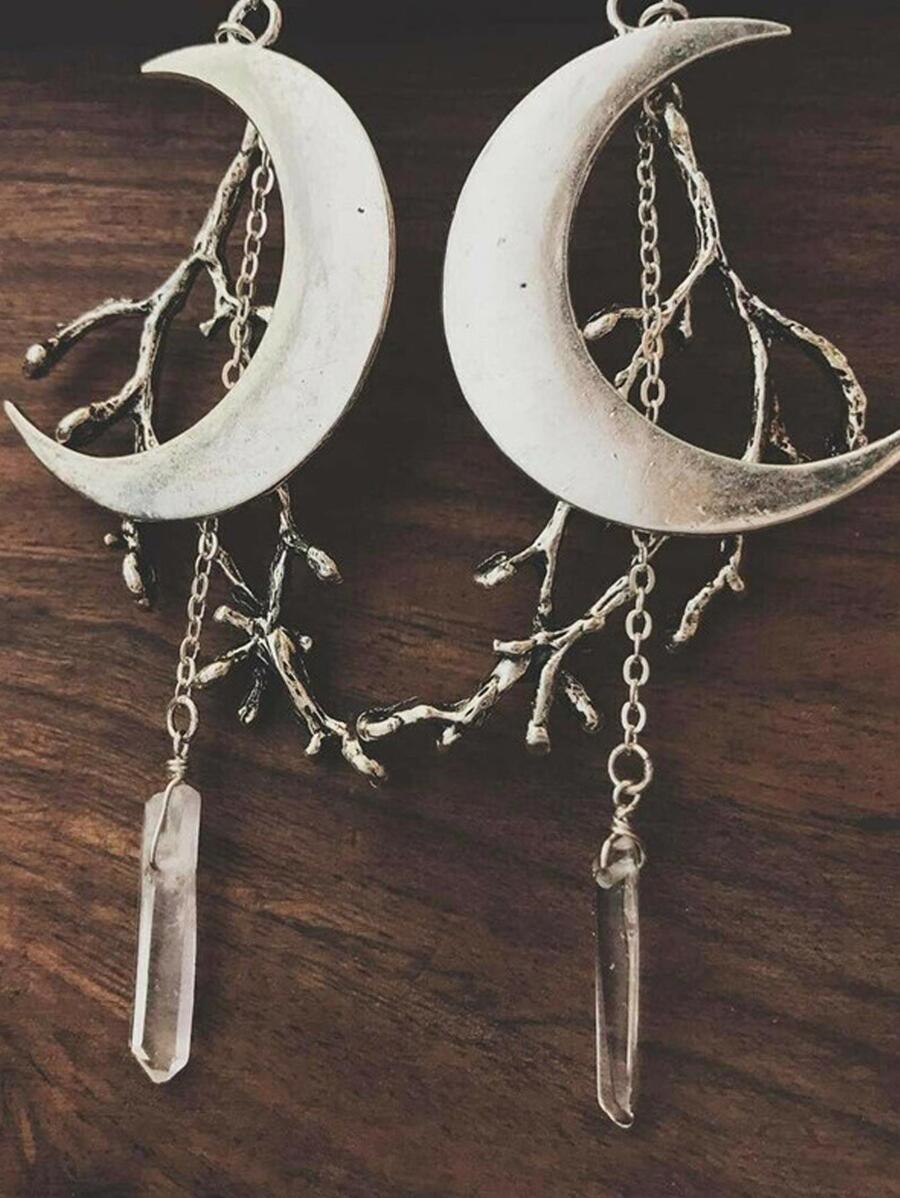 Branch & Tassel Long Chain Crystal Decor Earrings, Gothic Silver Plated Moon Design Earrings - Silver - View 1