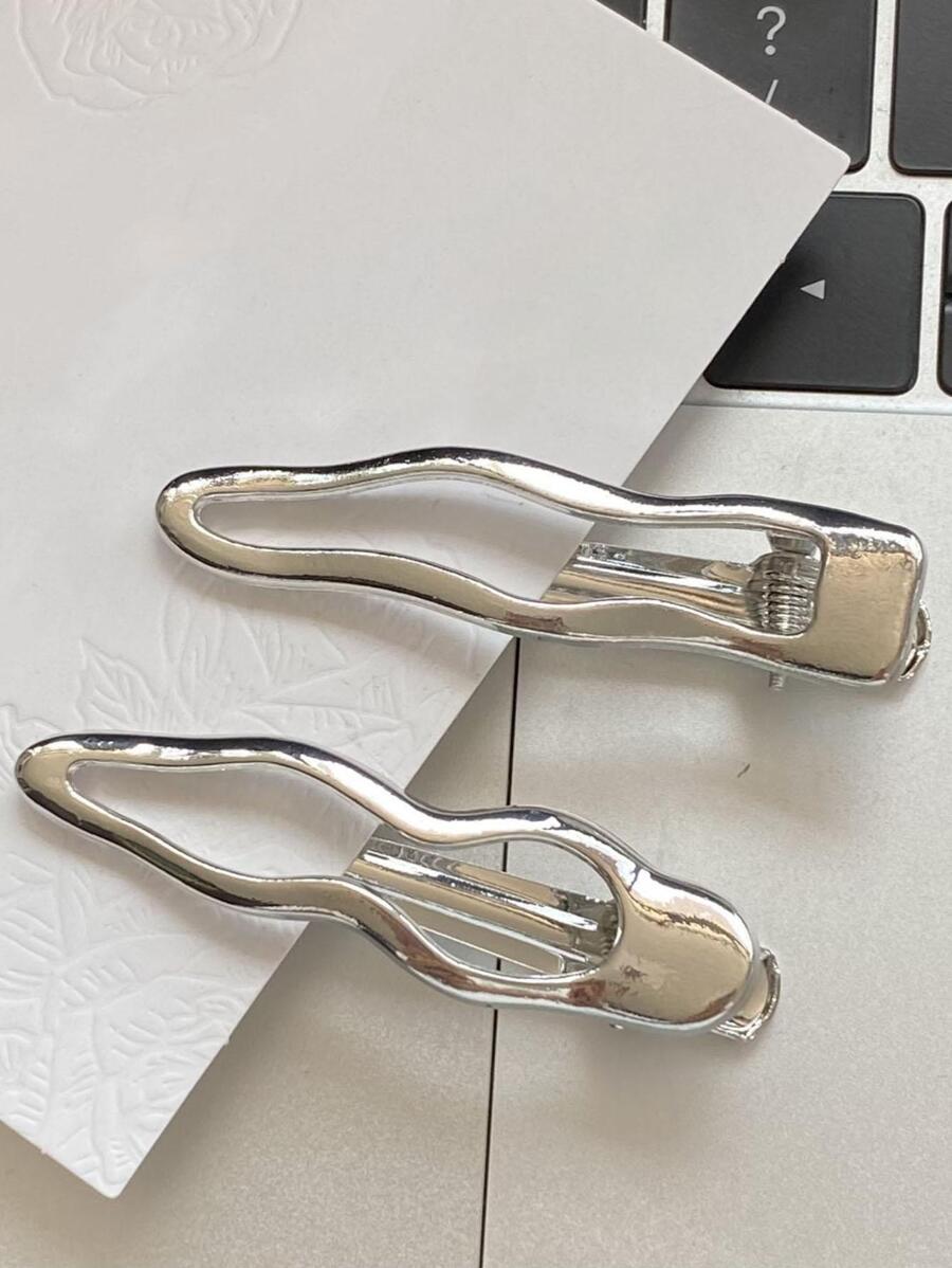 2个装女士简约金属银色发夹，发卡，装饰发饰，街头金色头饰发夹，发爪，学习用品