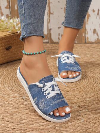 2024 Summer New European And American Style Denim Effect Slippers, Casual Straps Flat Blue Sandals