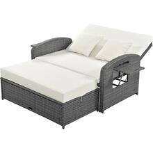 PE Wicker Rattan Double Chaise Lounge, 2-Person Reclining Daybed With Adjustable Back And Cushions, Free Furniture Protection Cover, White - trắng - Xem 4