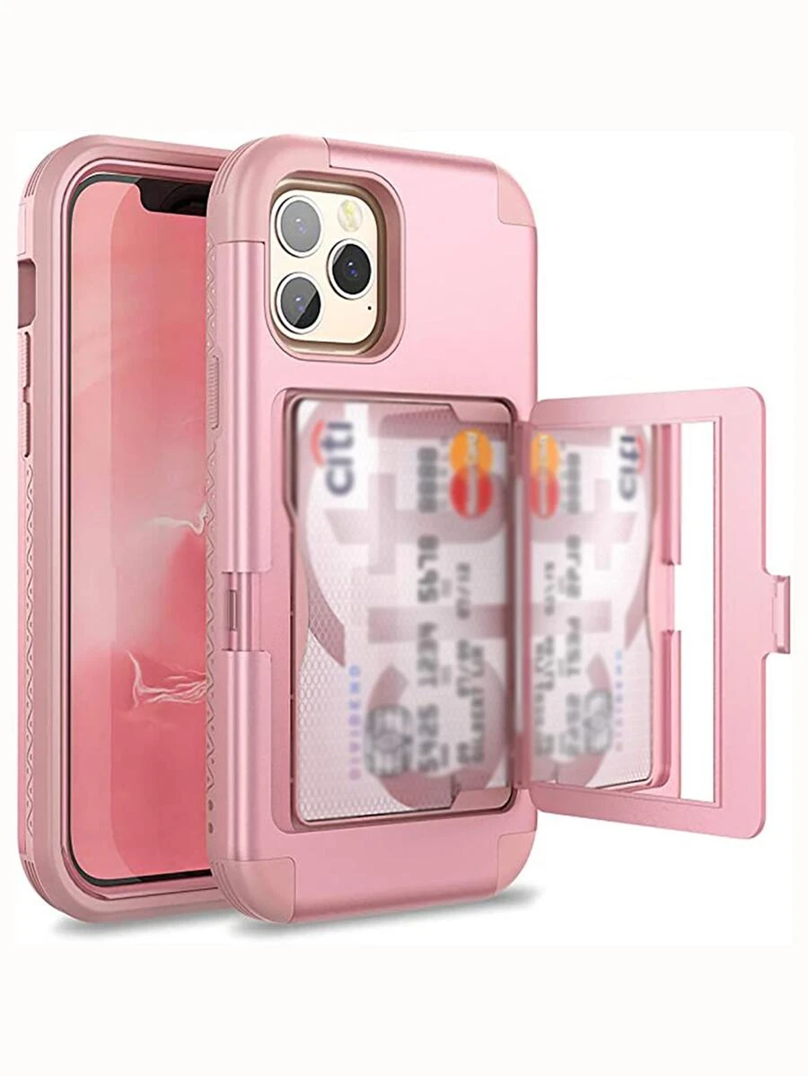 Pink Phone Case With Mirror & Card Holder Compatible With iPhone - Baby Pink - View 1