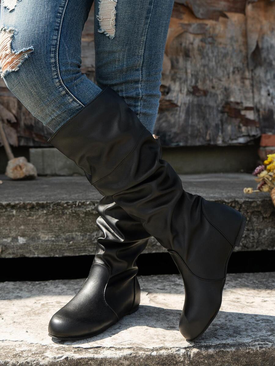 春夏女士別緻黑色經典平底褶邊靴子帶多用途風格 - 黑色 - 查看 1