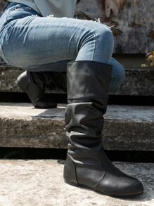 春夏女士別緻黑色經典平底褶邊靴子帶多用途風格 - 黑色 - 查看 6