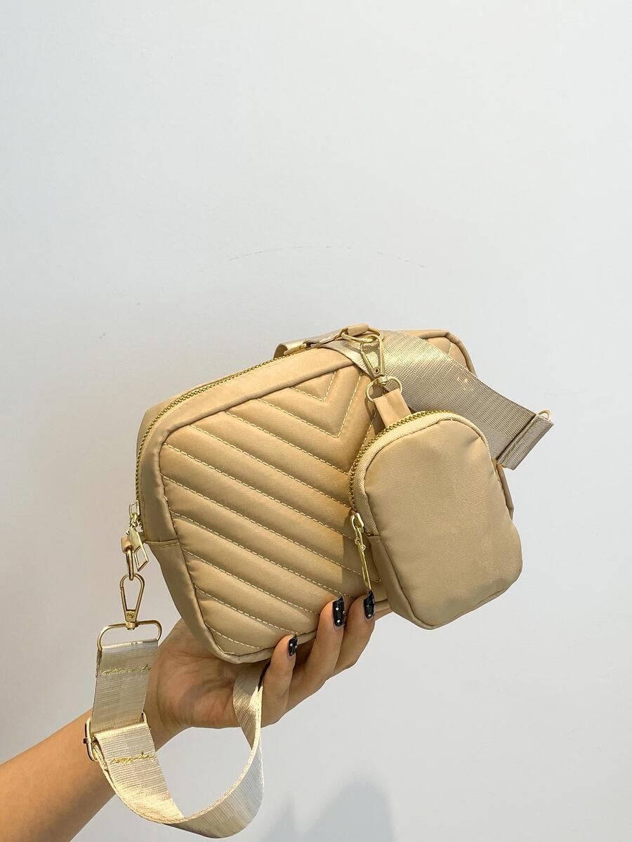 Mini V-shape Print Fashionable Crossbody Bag With Coin Purse - Khaki - View 1