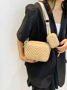 Mini V-shape Print Fashionable Crossbody Bag With Coin Purse - Khaki - View 2