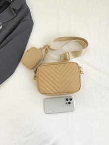 Mini V-shape Print Fashionable Crossbody Bag With Coin Purse - Khaki - View 4
