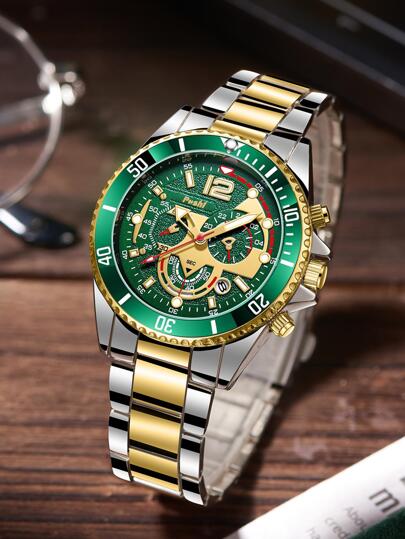 Poshi 1pc Men Two Tone Zinc Alloy Strap Business Date Water Resistance Round Dial Quartz Watch, For Daily Life