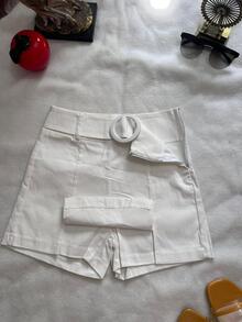 H.M MODA Short saia feminina com ziper por lado e com elastano - Branco - Visão 3