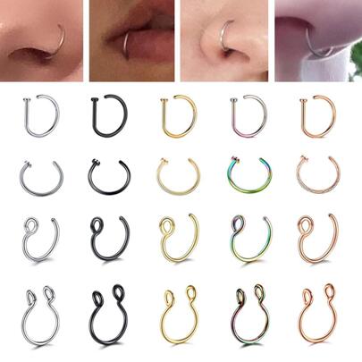 20入組假鼻環適合女士龐克非穿孔唇環鼻腔隔膜夾不銹鋼穿孔時尚身體鏈