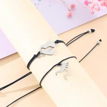 Goodwaro 2入組心形拋光不銹鋼串珠黑色蠟燈芯絨手環,一大一小,適用於和女兒,後至開學季手掌配件,最好禮物適用於兒童 - 黑色 - 查看 4