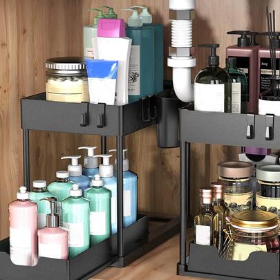 2-Tier Sliding Cabinet Basket Organizer : Under Sink Storage & Kitchen Accessories - Perfect for Organizing & Storing!