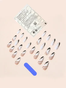 Upgrade Your Look With 24pcs Long Almond Striped Full Cover Fake Nail Kit - Multicolor - View 2