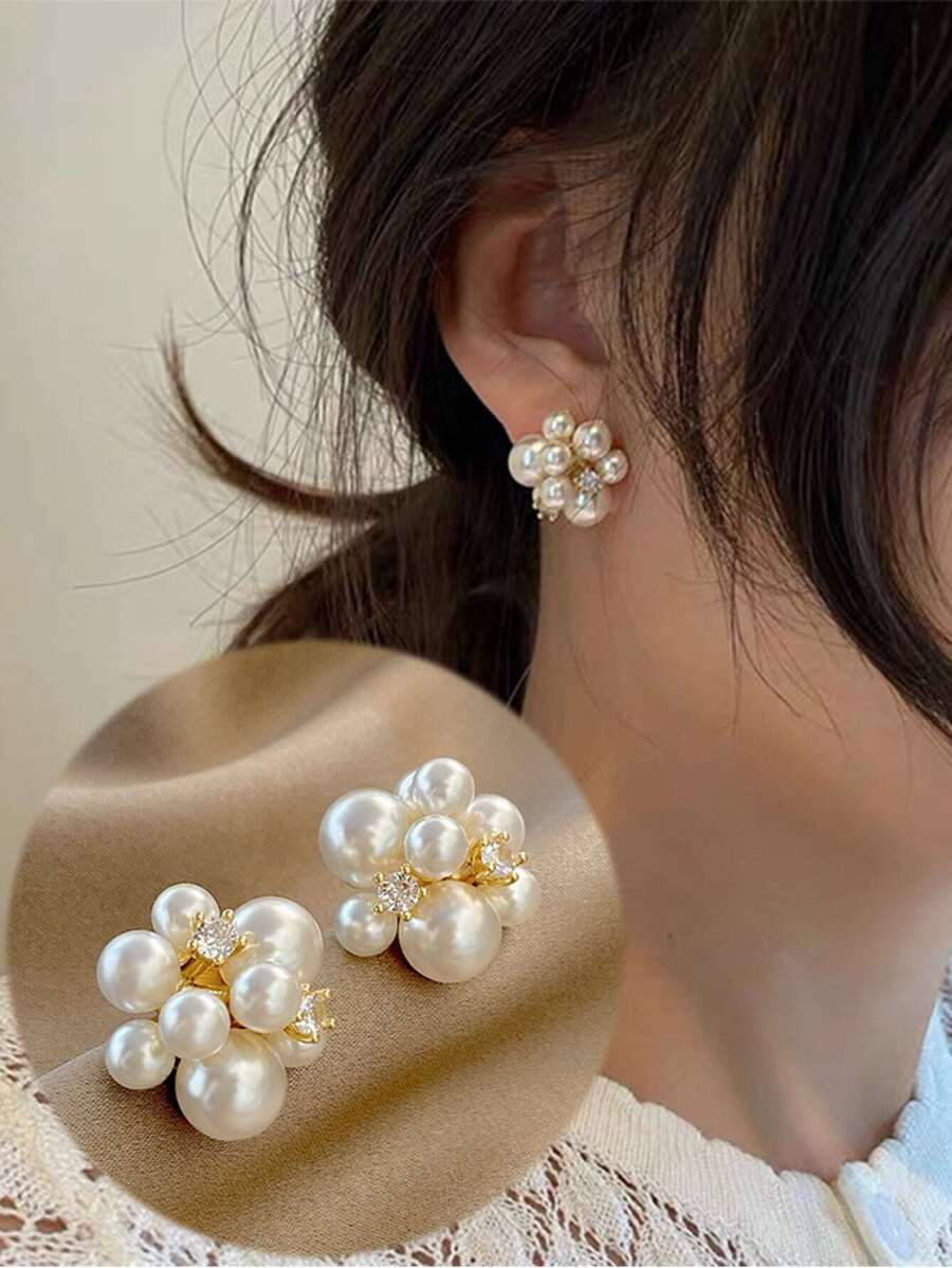 topshiny 1 Par de Brincos de Pérola Floral da Moda, Joia de Pérola Elegante de Alta Qualidade Luxuosa para Mulheres - Ouro amarelo - Visão 1