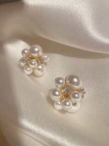 topshiny 1 Par de Brincos de Pérola Floral da Moda, Joia de Pérola Elegante de Alta Qualidade Luxuosa para Mulheres - Ouro amarelo - Visão 2