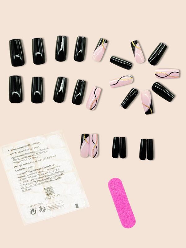 Upgrade Your Look With 24pcs French Linear Long Coffin Striped Full