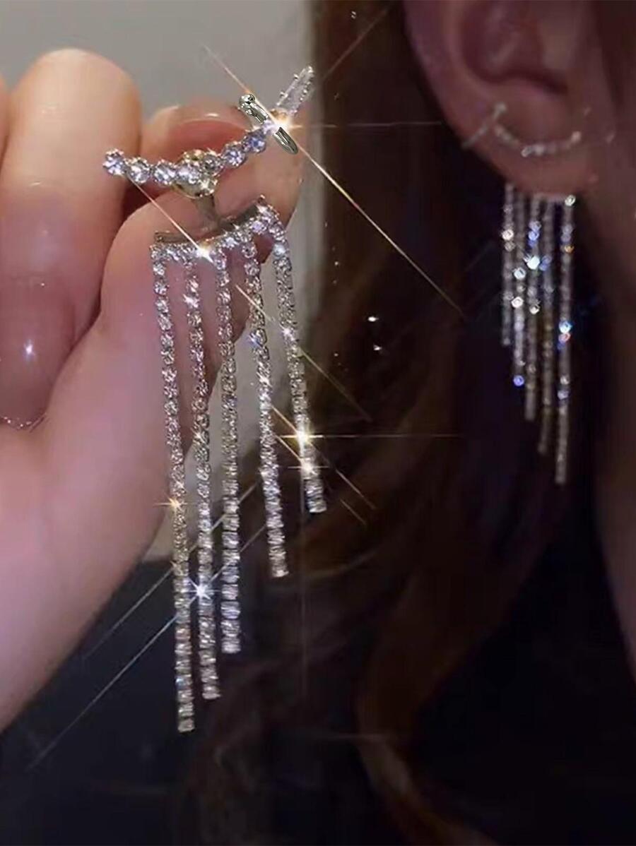 Pendientes chaqueta con diamante de imitación con diseño de fleco - Amarillo Oro - Ver 1