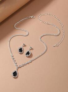 1 set Juego de joyería negro con decoración de cristales con forma de gota de agua, para vestidos de invitados a bodas de mujeres - Plateado - Ver 4