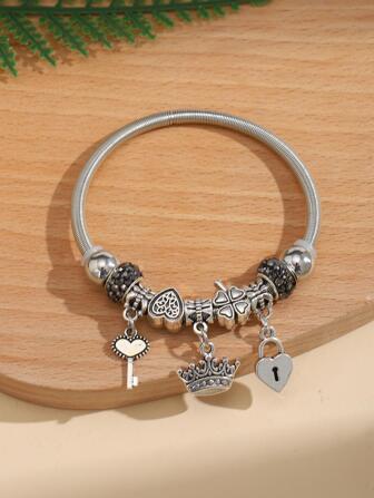 1 Stück Polymer Ton & Strass & Kleeblatt geformte Perle, Schlüssel & Krone geformter Metall Anhänger, Edelstahl dehnbares Federschloss Armband für Damen, süßer modischer Schmuck als Geschenkidee