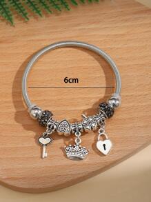 1 件聚合物粘土和水钻和三叶草形状的珠子，钥匙和皇冠形状的金属吊坠，不锈钢可拉伸弹簧手链，适合女士，可爱时尚的珠宝约会礼物