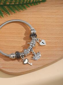 1 件聚合物粘土和水钻和三叶草形状的珠子，钥匙和皇冠形状的金属吊坠，不锈钢可拉伸弹簧手链，适合女士，可爱时尚的珠宝约会礼物