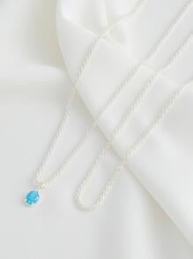 Nooxian 2入組/套綠松石色方晶鋯石吊墜項鍊 - 銀色 - 查看 4