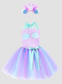 Young Girl Mermaid Shell Princess Dress With Mermaid Headband, Perfect For Party And Cosplay - Lilac Purple - View 1
